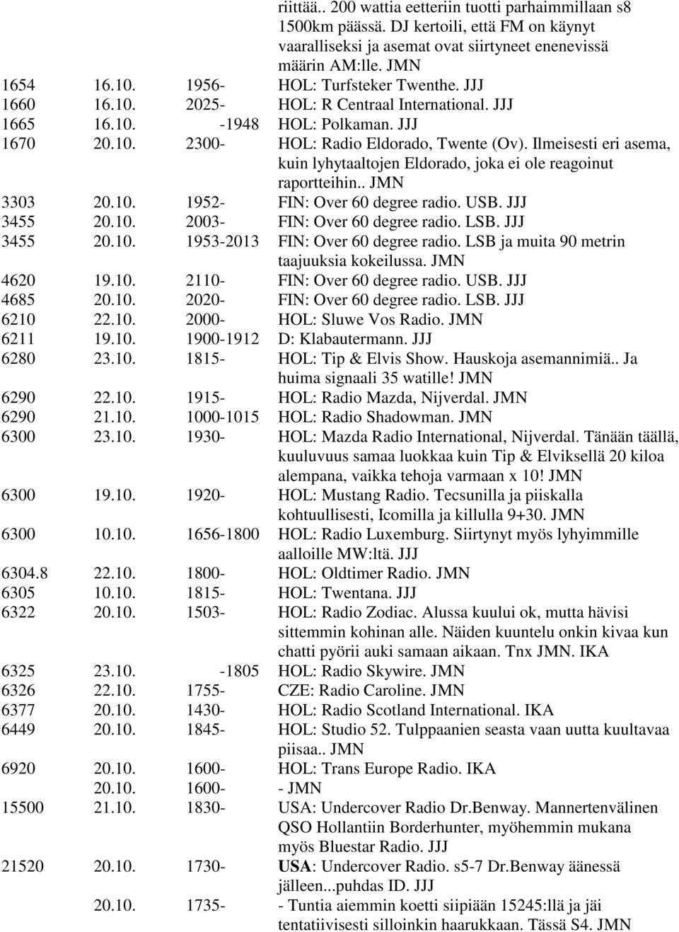 Ilmeisesti eri asema, kuin lyhytaaltojen Eldorado, joka ei ole reagoinut raportteihin.. JMN 3303 20.10. 1952- FIN: Over 60 degree radio. USB. JJJ 3455 20.10. 2003- FIN: Over 60 degree radio. LSB.