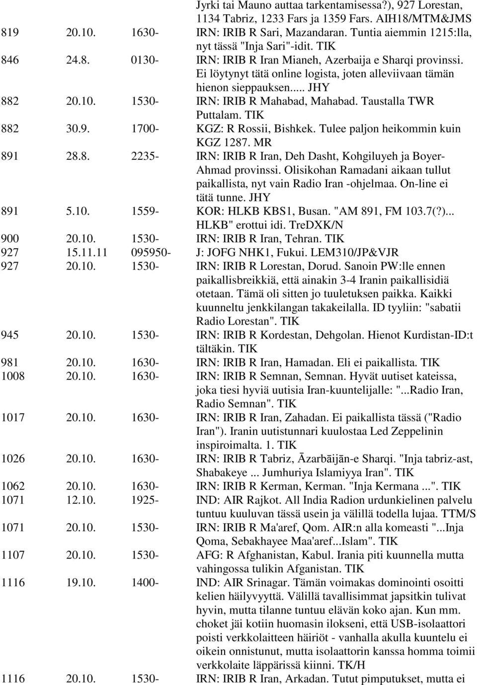 Ei löytynyt tätä online logista, joten alleviivaan tämän hienon sieppauksen... JHY 882 20.10. 1530- IRN: IRIB R Mahabad, Mahabad. Taustalla TWR Puttalam. TIK 882 30.9. 1700- KGZ: R Rossii, Bishkek.