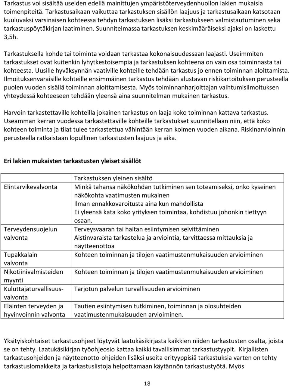 tarkastuspöytäkirjan laatiminen. Suunnitelmassa tarkastuksen keskimääräiseksi ajaksi on laskettu 3,5h. Tarkastuksella kohde tai toiminta voidaan tarkastaa kokonaisuudessaan laajasti.