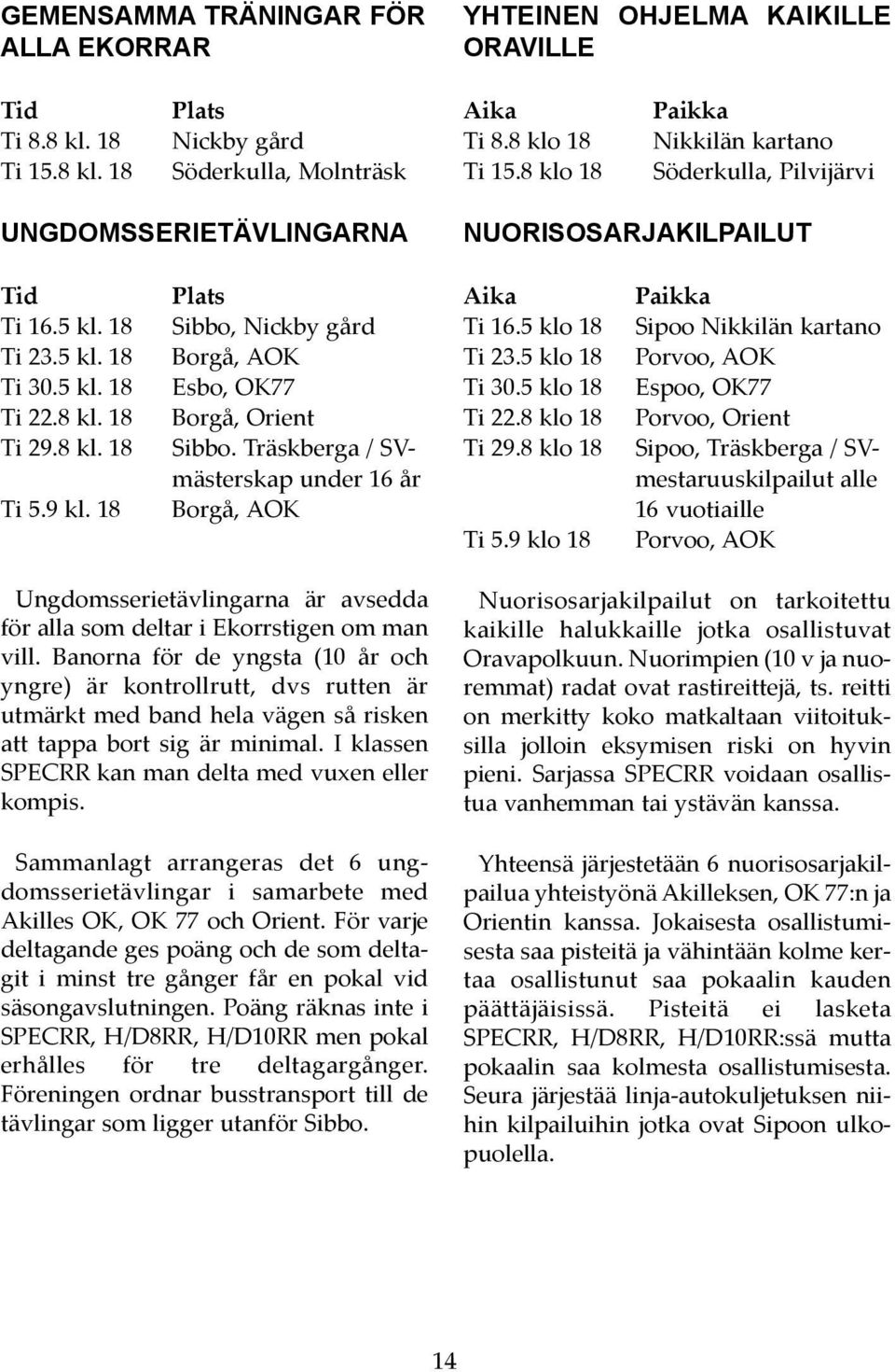 18 Plats Sibbo, Nickby gård Borgå, AOK Esbo, OK77 Borgå, Orient Sibbo. Träskberga / SVmästerskap under 16 år Borgå, AOK Aika Ti 16.5 klo 18 Ti 23.5 klo 18 Ti 30.5 klo 18 Ti 22.8 klo 18 Ti 29.