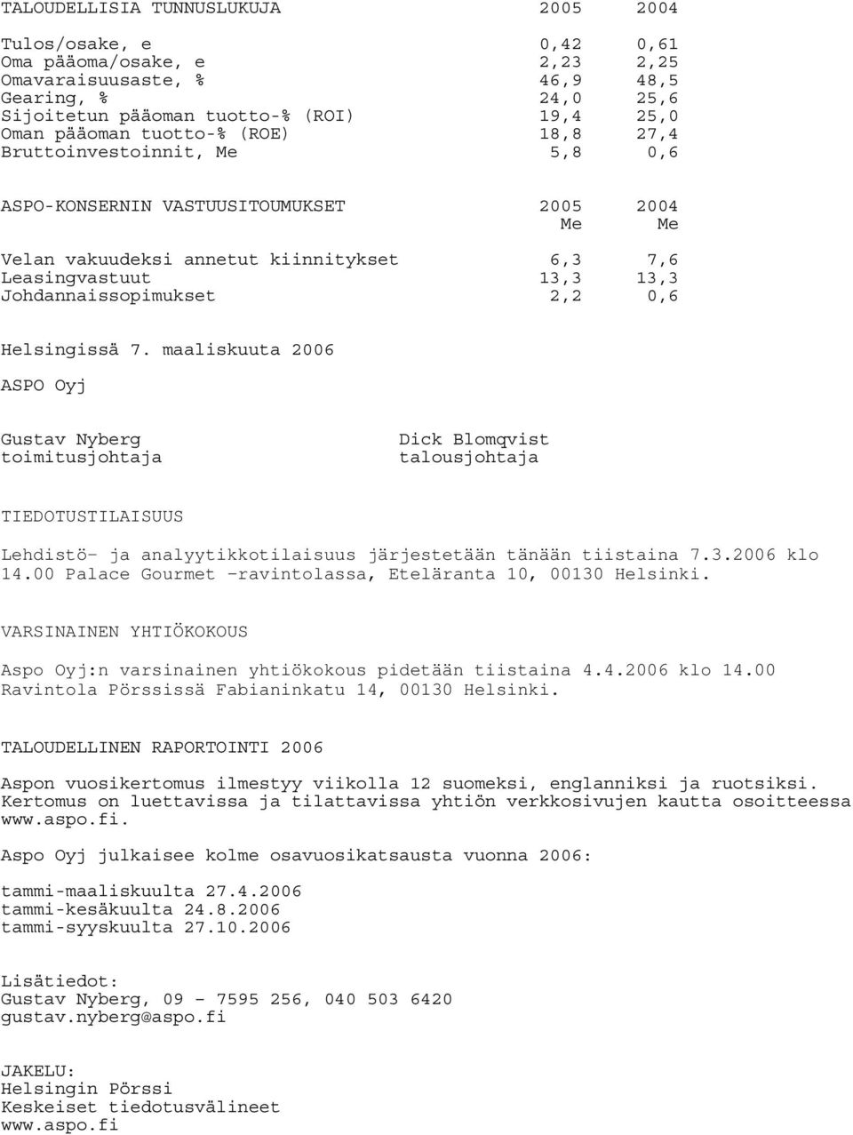 2,2 0,6 Helsingissä 7. maaliskuuta 2006 ASPO Oyj Gustav Nyberg toimitusjohtaja Dick Blomqvist talousjohtaja TIEDOTUSTILAISUUS Lehdistö- ja analyytikkotilaisuus järjestetään tänään tiistaina 7.3.