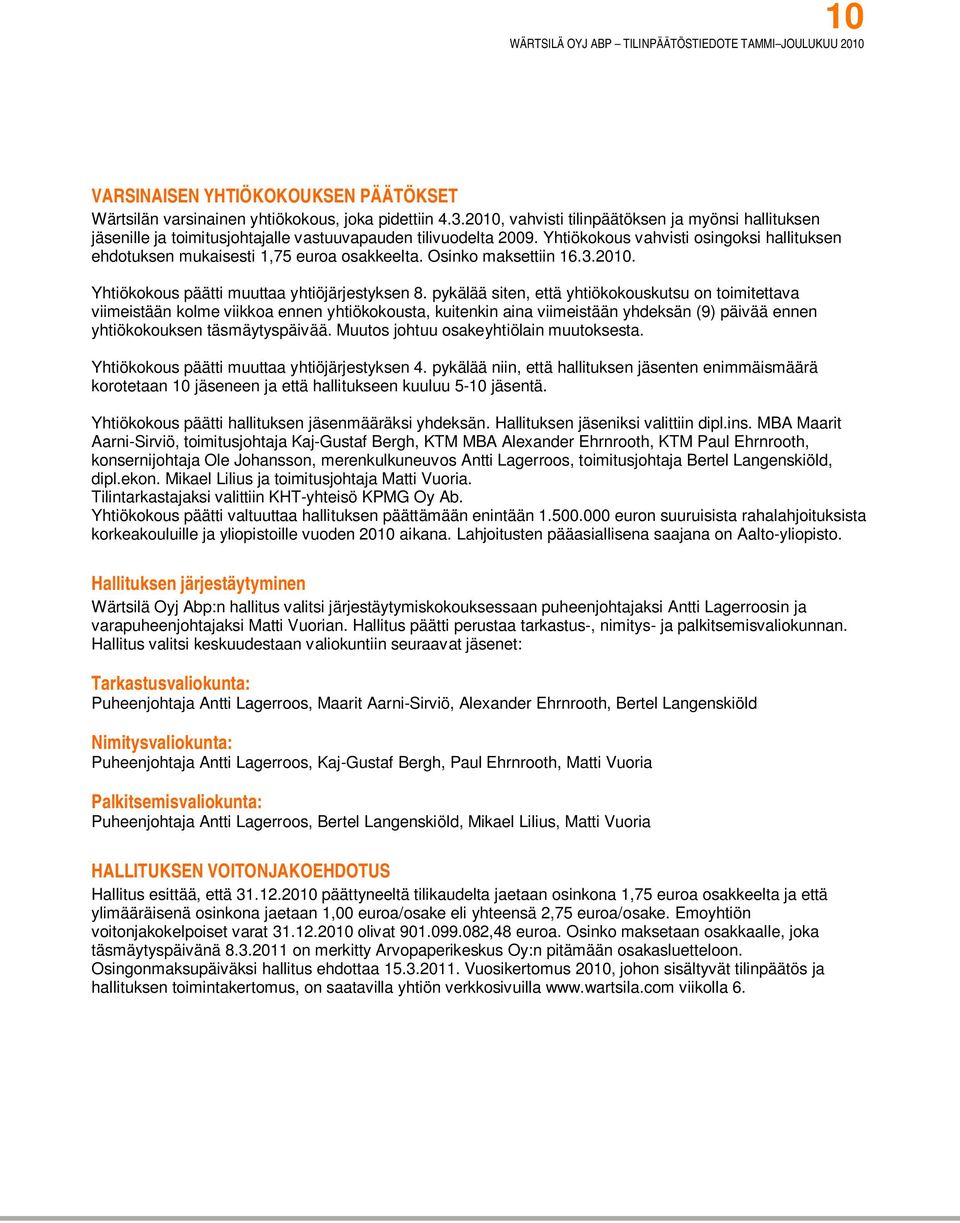 Yhtiökokous vahvisti osingoksi hallituksen ehdotuksen mukaisesti 1,75 euroa osakkeelta. Osinko maksettiin 16.3.2010. Yhtiökokous päätti muuttaa yhtiöjärjestyksen 8.