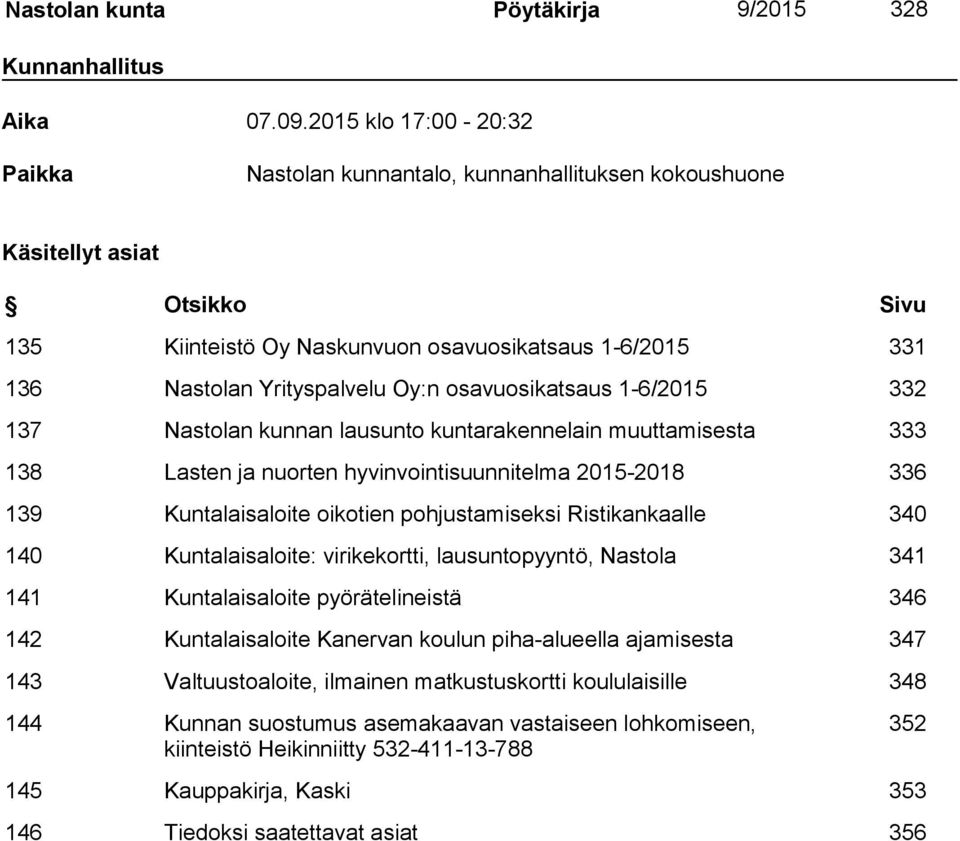 osavuosikatsaus 1-6/2015 332 137 Nastolan kunnan lausunto kuntarakennelain muuttamisesta 333 138 Lasten ja nuorten hyvinvointisuunnitelma 2015-2018 336 139 Kuntalaisaloite oikotien pohjustamiseksi