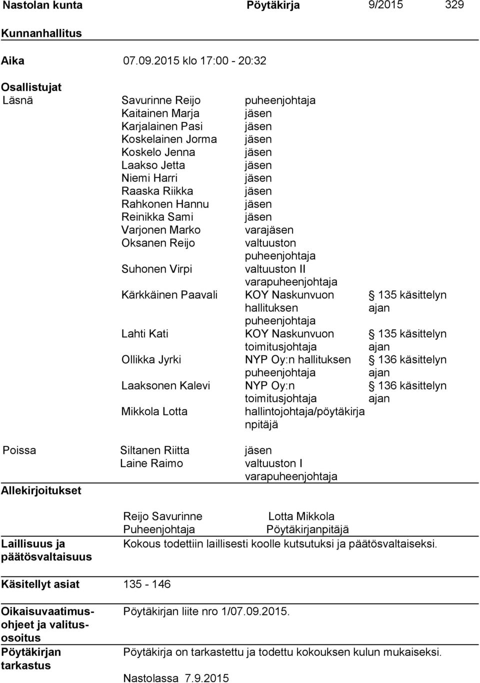 Raaska Riikka jäsen Rahkonen Hannu jäsen Reinikka Sami jäsen Varjonen Marko varajäsen Oksanen Reijo valtuuston puheenjohtaja Suhonen Virpi valtuuston II varapuheenjohtaja Kärkkäinen Paavali KOY