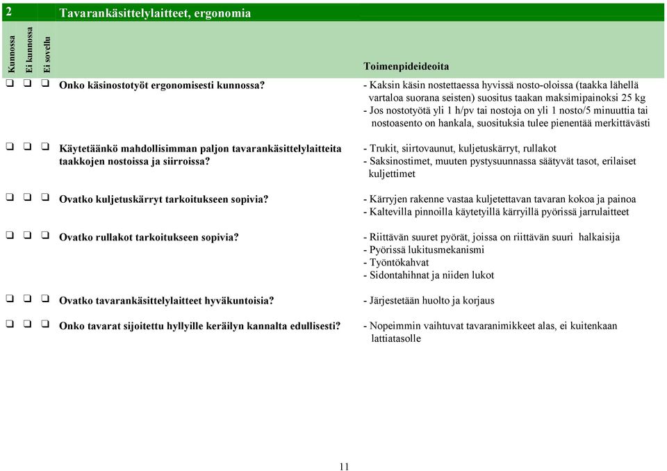 tai nostoasento on hankala, suosituksia tulee pienentää merkittävästi Käytetäänkö mahdollisimman paljon tavarankäsittelylaitteita taakkojen nostoissa ja siirroissa?