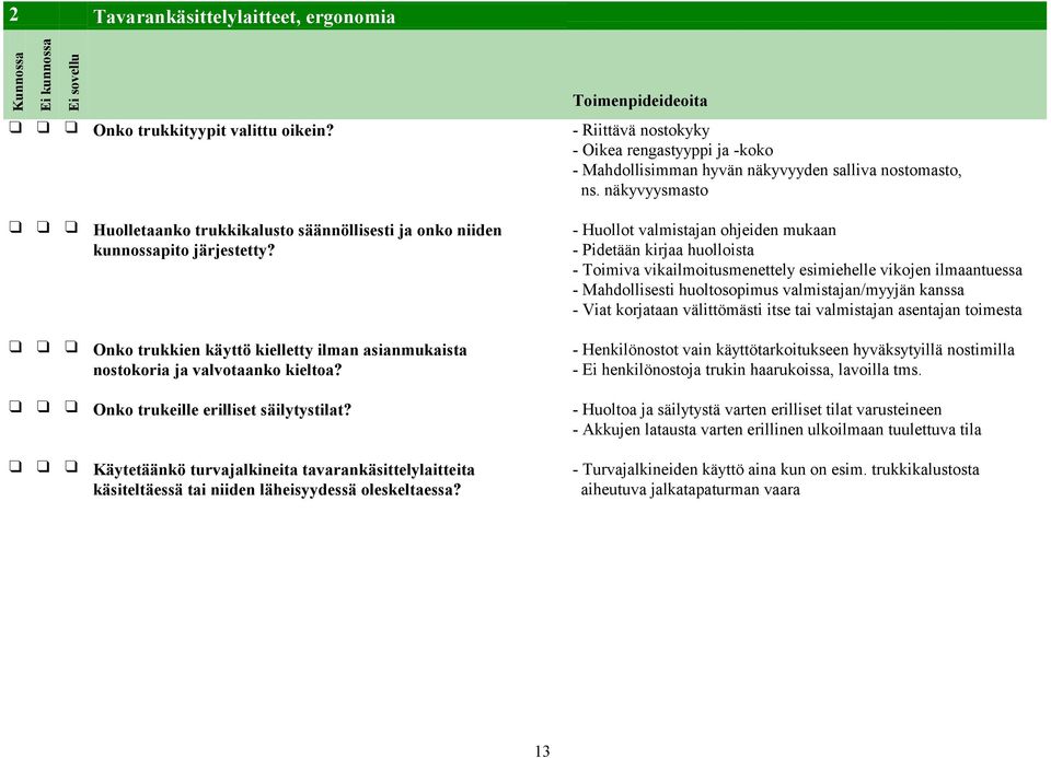 - Huollot valmistajan ohjeiden mukaan - Pidetään kirjaa huolloista - Toimiva vikailmoitusmenettely esimiehelle vikojen ilmaantuessa - Mahdollisesti huoltosopimus valmistajan/myyjän kanssa - Viat