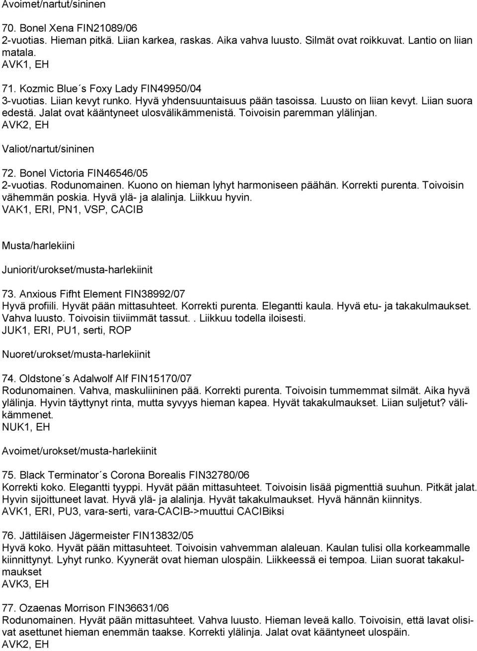 Toivoisin paremman ylälinjan. Valiot/nartut/sininen 72. Bonel Victoria FIN46546/05 2-vuotias. Rodunomainen. Kuono on hieman lyhyt harmoniseen päähän. Korrekti purenta. Toivoisin vähemmän poskia.