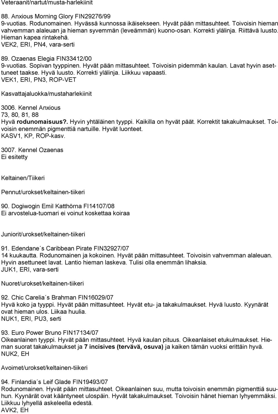 Ozaenas Elegia FIN33412/00 9-vuotias. Sopivan tyyppinen. Hyvät pään mittasuhteet. Toivoisin pidemmän kaulan. Lavat hyvin asettuneet taakse. Hyvä luusto. Korrekti ylälinja. Liikkuu vapaasti.