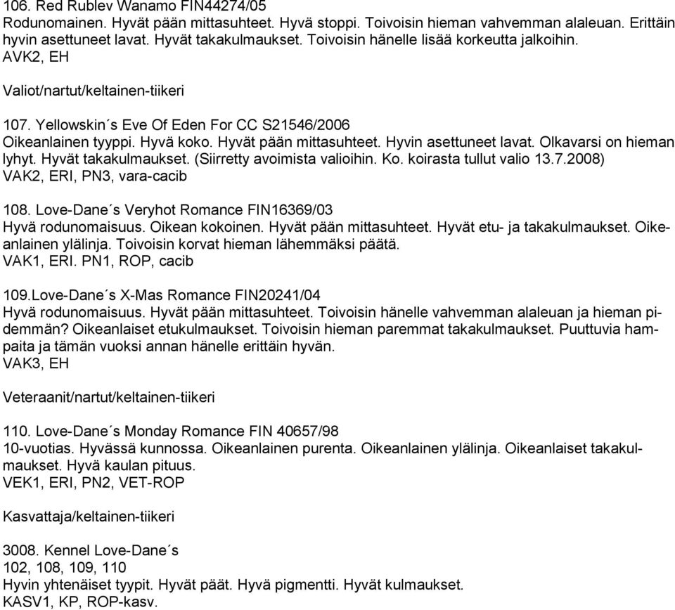 Hyvin asettuneet lavat. Olkavarsi on hieman lyhyt. Hyvät takakulmaukset. (Siirretty avoimista valioihin. Ko. koirasta tullut valio 13.7.2008) VAK2, ERI, PN3, vara-cacib 108.