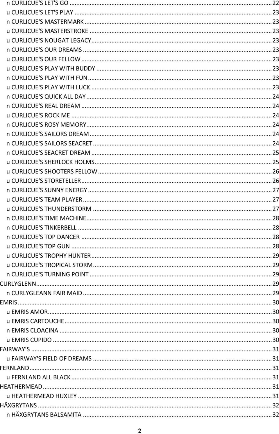 .. 24 u CURLICUE'S ROCK ME... 24 n CURLICUE'S ROSY MEMORY... 24 n CURLICUE'S SAILORS DREAM... 24 n CURLICUE'S SAILORS SEACRET... 24 n CURLICUE'S SEACRET DREAM... 25 u CURLICUE'S SHERLOCK HOLMS.