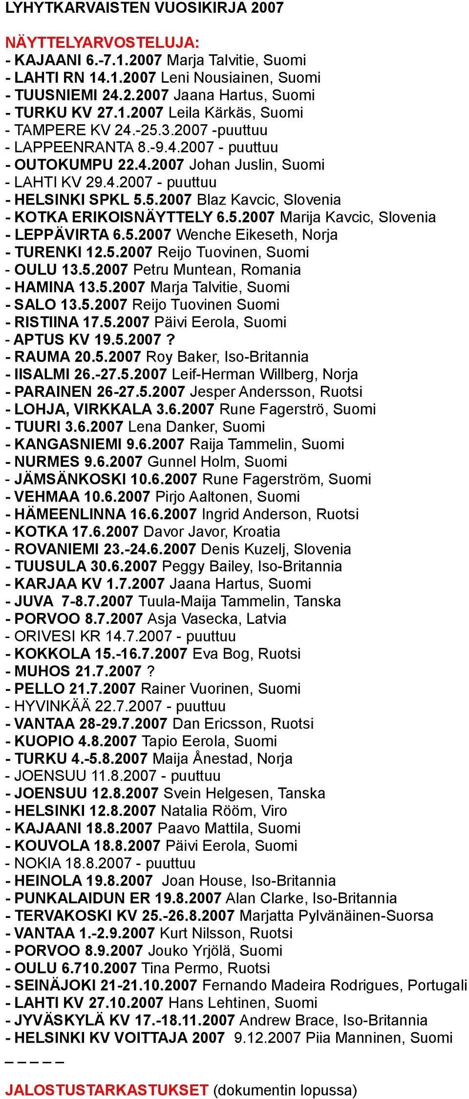 5.2007 Marija Kavcic, Slovenia - LEPPÄVIRTA 6.5.2007 Wenche Eikeseth, Norja - TURENKI 12.5.2007 Reijo Tuovinen, Suomi - OULU 13.5.2007 Petru Muntean, Romania - HAMINA 13.5.2007 Marja Talvitie, Suomi - SALO 13.