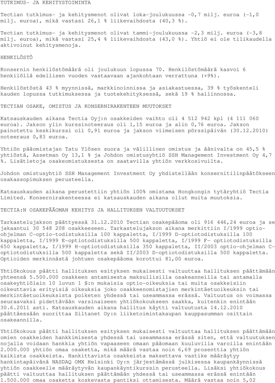 HENKILÖSTÖ Konsernin henkilöstömäärä oli joulukuun lopussa 70. Henkilöstömäärä kasvoi 6 henkilöllä edellisen vuoden vastaavaan ajankohtaan verrattuna (+9%).