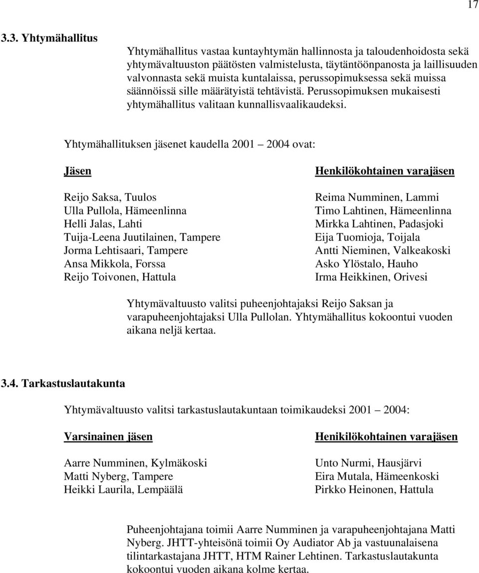 Yhtymähallituksen jäsenet kaudella 2001 2004 ovat: Jäsen Reijo Saksa, Tuulos Ulla Pullola, Hämeenlinna Helli Jalas, Lahti Tuija-Leena Juutilainen, Tampere Jorma Lehtisaari, Tampere Ansa Mikkola,