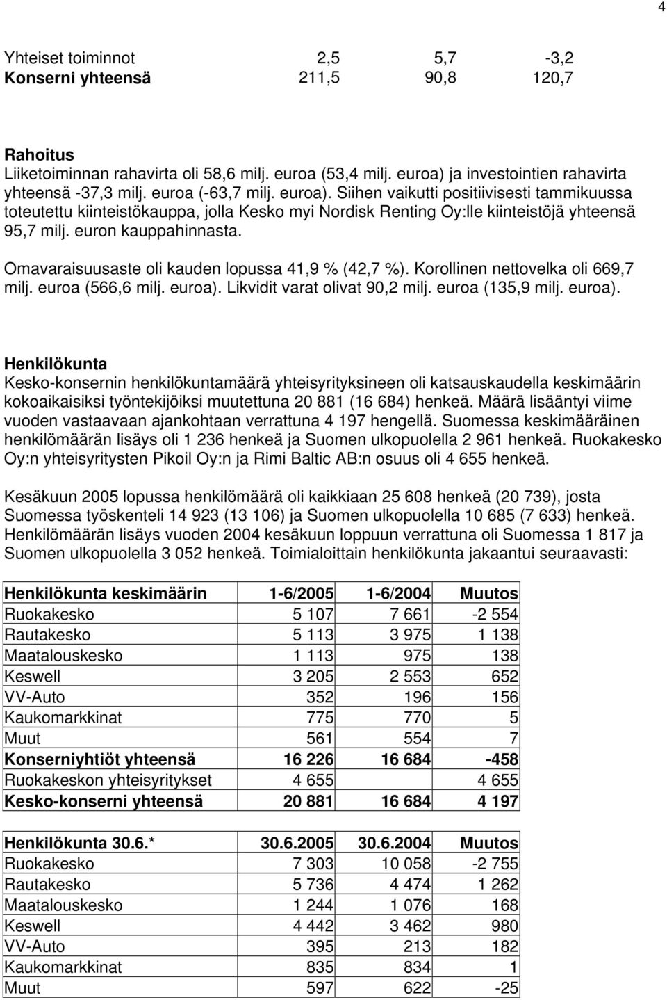 Siihen vaikutti positiivisesti tammikuussa toteutettu kiinteistökauppa, jolla Kesko myi Nordisk Renting Oy:lle kiinteistöjä yhteensä 95,7 milj. euron kauppahinnasta.