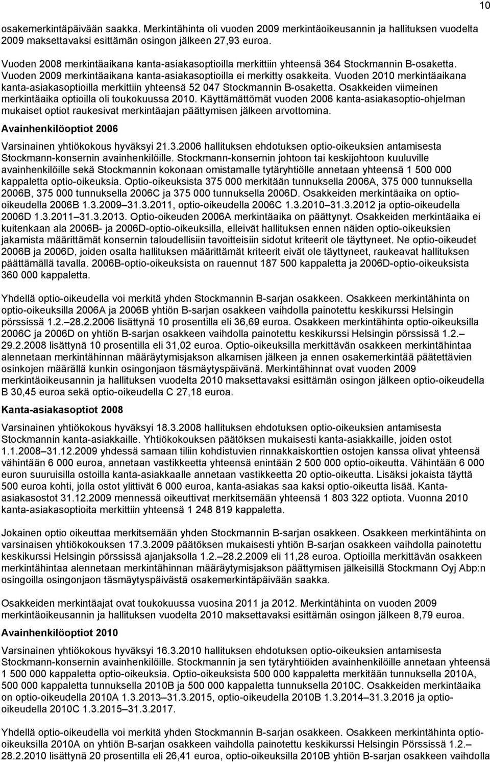 Vuoden 2010 merkintäaikana kanta-asiakasoptioilla merkittiin yhteensä 52 047 Stockmannin B-osaketta. Osakkeiden viimeinen merkintäaika optioilla oli toukokuussa 2010.