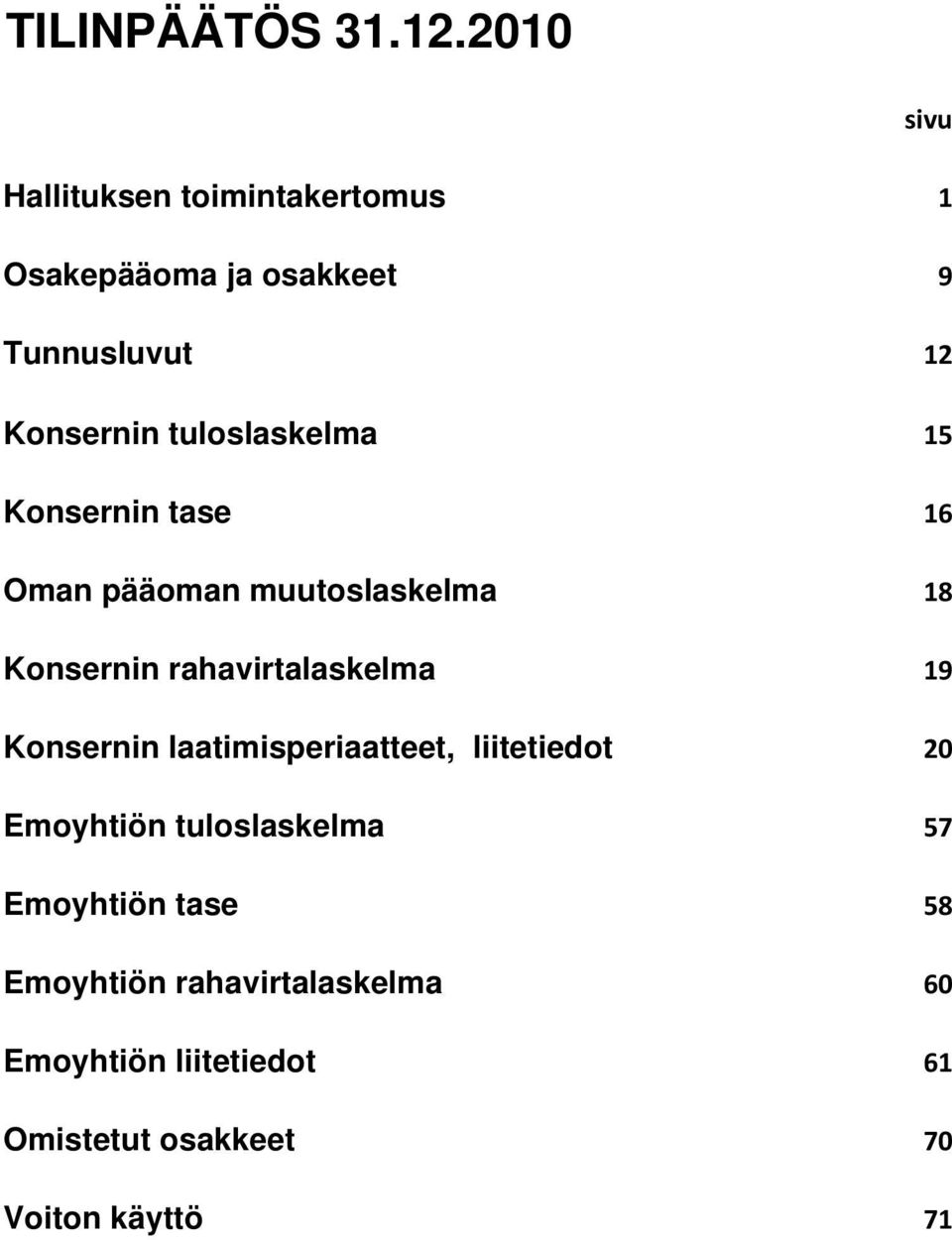 tuloslaskelma 15 Konsernin tase 16 Oman pääoman muutoslaskelma 18 Konsernin rahavirtalaskelma 19