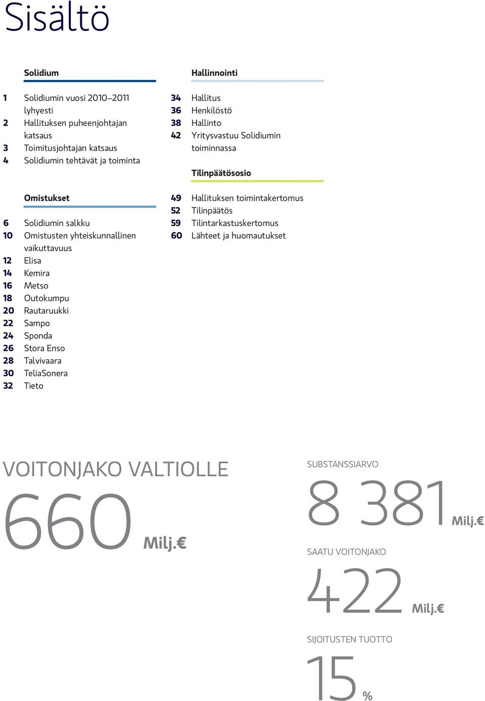 30 TeliaSonera 32 Tieto Hallinnointi 34 Hallitus 36 Henkilöstö 38 Hallinto 42 Yritysvastuu Solidiumin toiminnassa Tilinpäätösosio 49 Hallituksen toimintakertomus 52