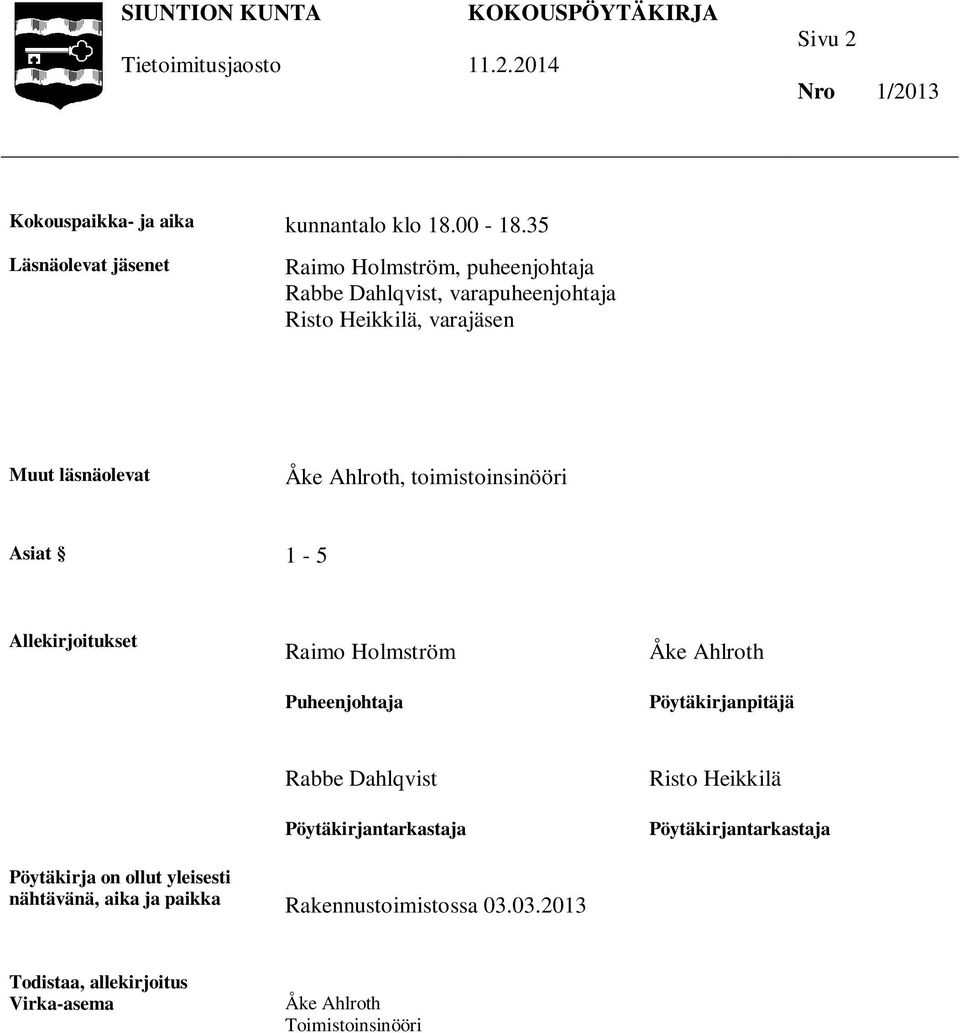 Ahlroth, toimistoinsinööri Asiat 1-5 Allekirjoitukset Raimo Holmström Puheenjohtaja Åke Ahlroth Pöytäkirjanpitäjä Rabbe Dahlqvist