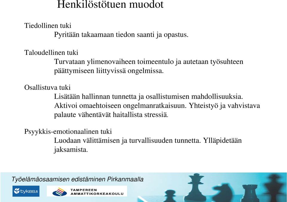 Osallistuva tuki Lisätään hallinnan tunnetta ja osallistumisen mahdollisuuksia. Aktivoi omaehtoiseen ongelmanratkaisuun.