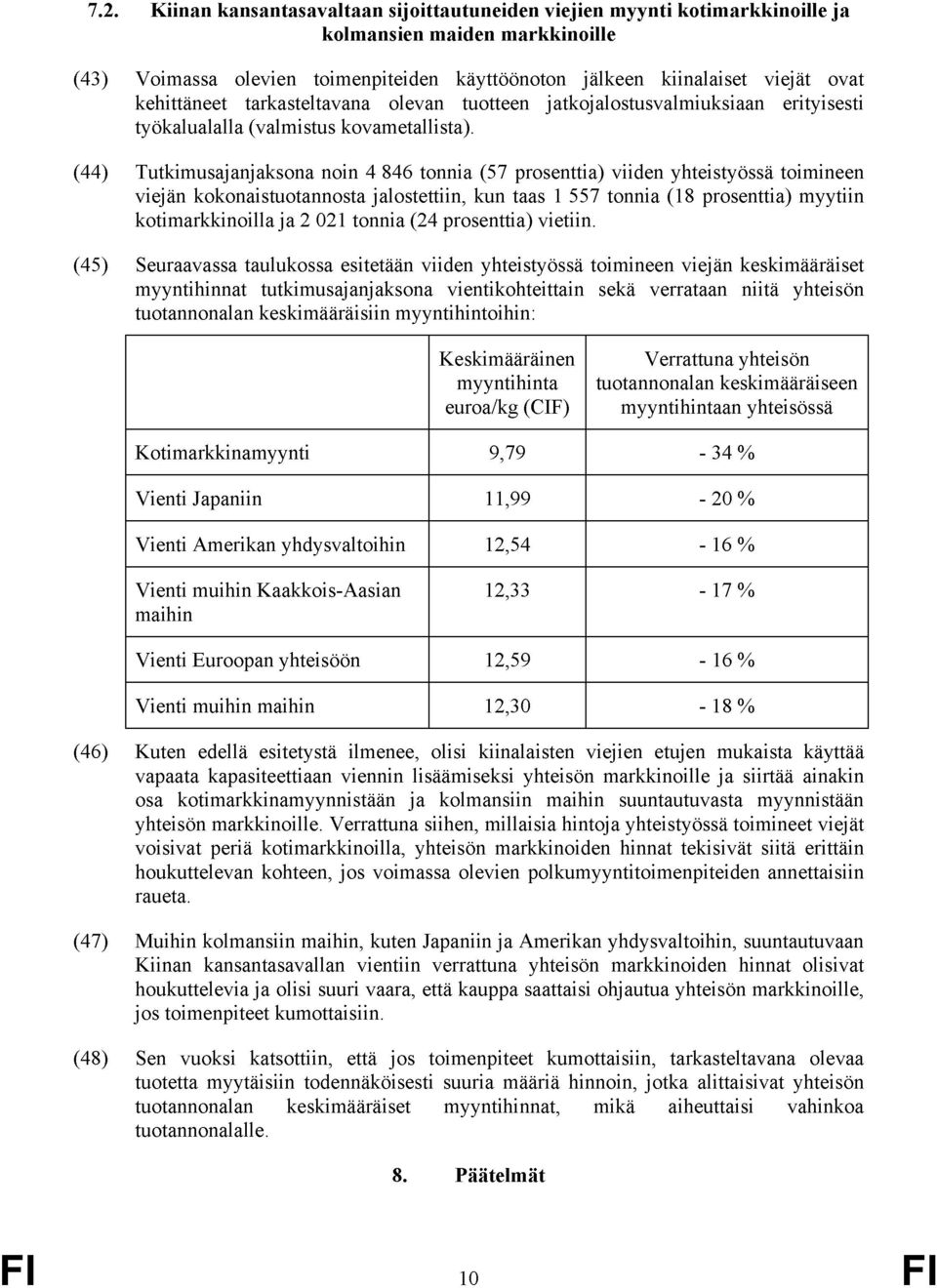 Tutkimusajanjaksona noin 4 846 tonnia (57 prosenttia) viiden yhteistyössä toimineen viejän kokonaistuotannosta jalostettiin, kun taas 1 557 tonnia (18 prosenttia) myytiin kotimarkkinoilla ja 2 021