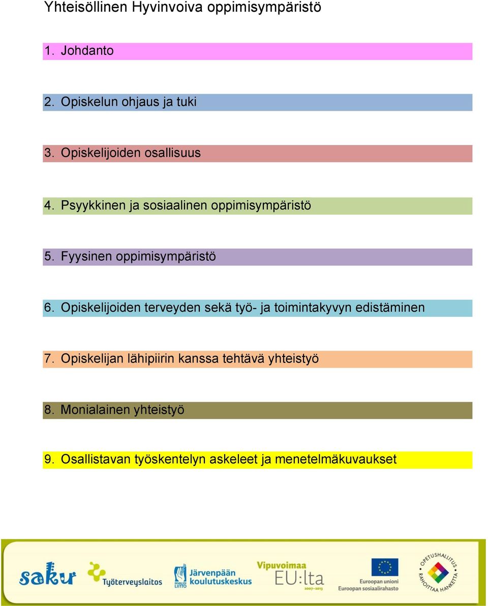 Fyysinen oppimisympäristö 6. Opiskelijoiden terveyden sekä työ- ja toimintakyvyn edistäminen 7.