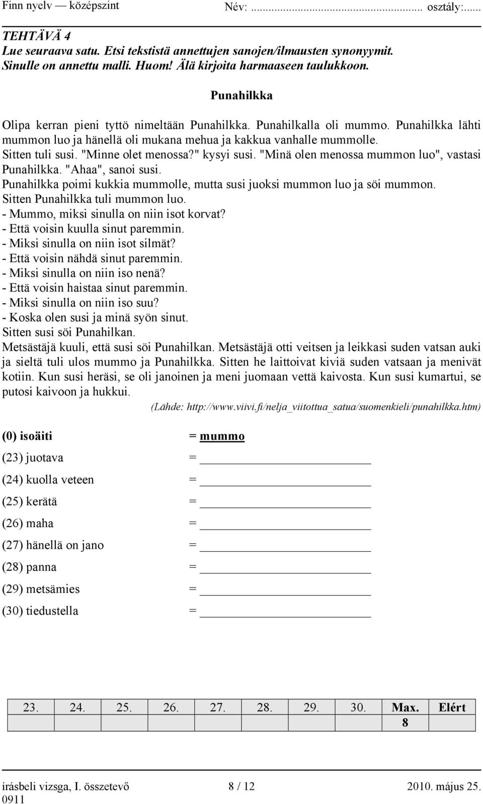 "Minne olet menossa?" kysyi susi. "Minä olen menossa mummon luo", vastasi Punahilkka. "Ahaa", sanoi susi. Punahilkka poimi kukkia mummolle, mutta susi juoksi mummon luo ja söi mummon.