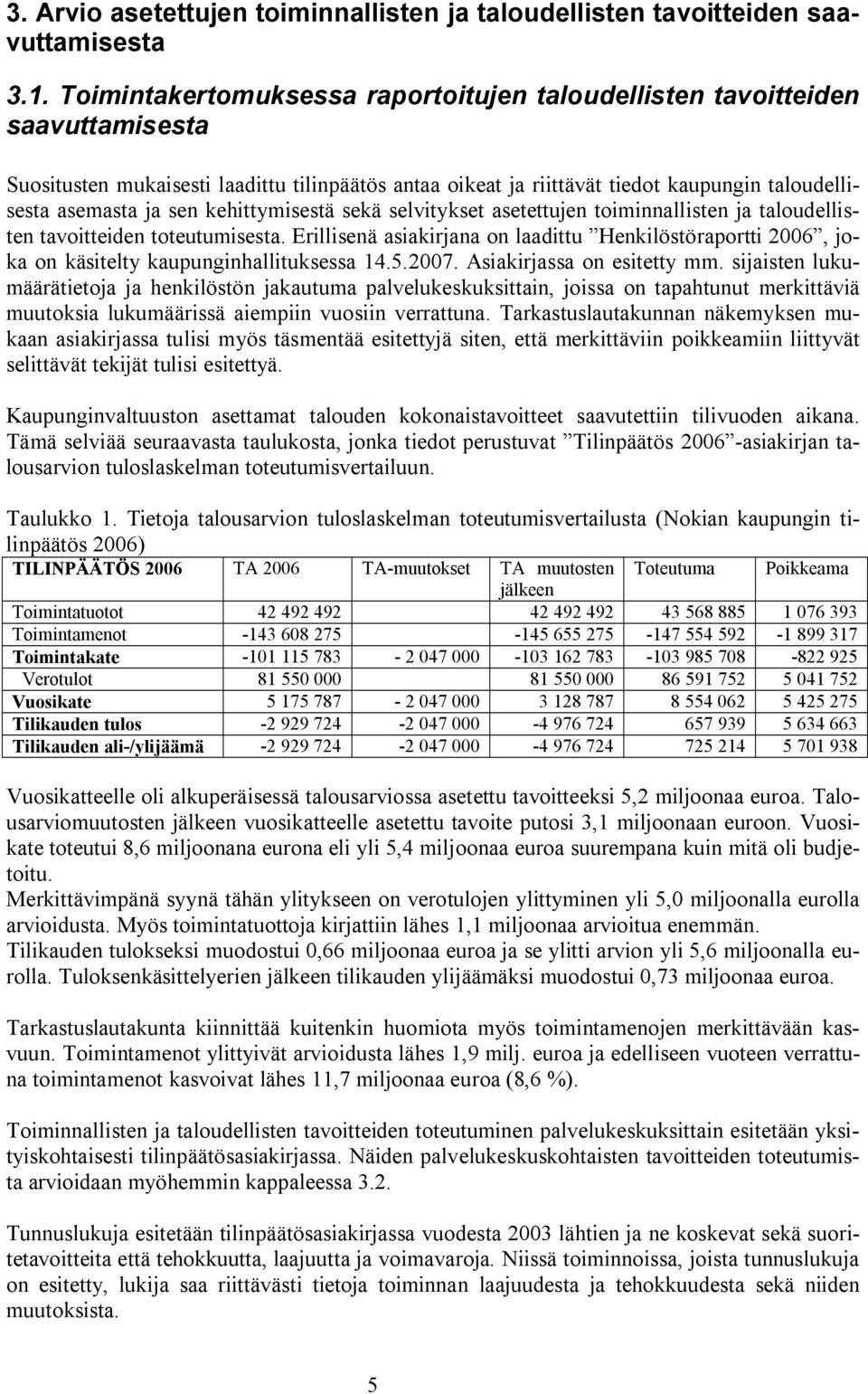 kehittymisestä sekä selvitykset asetettujen toiminnallisten ja taloudellisten tavoitteiden toteutumisesta.