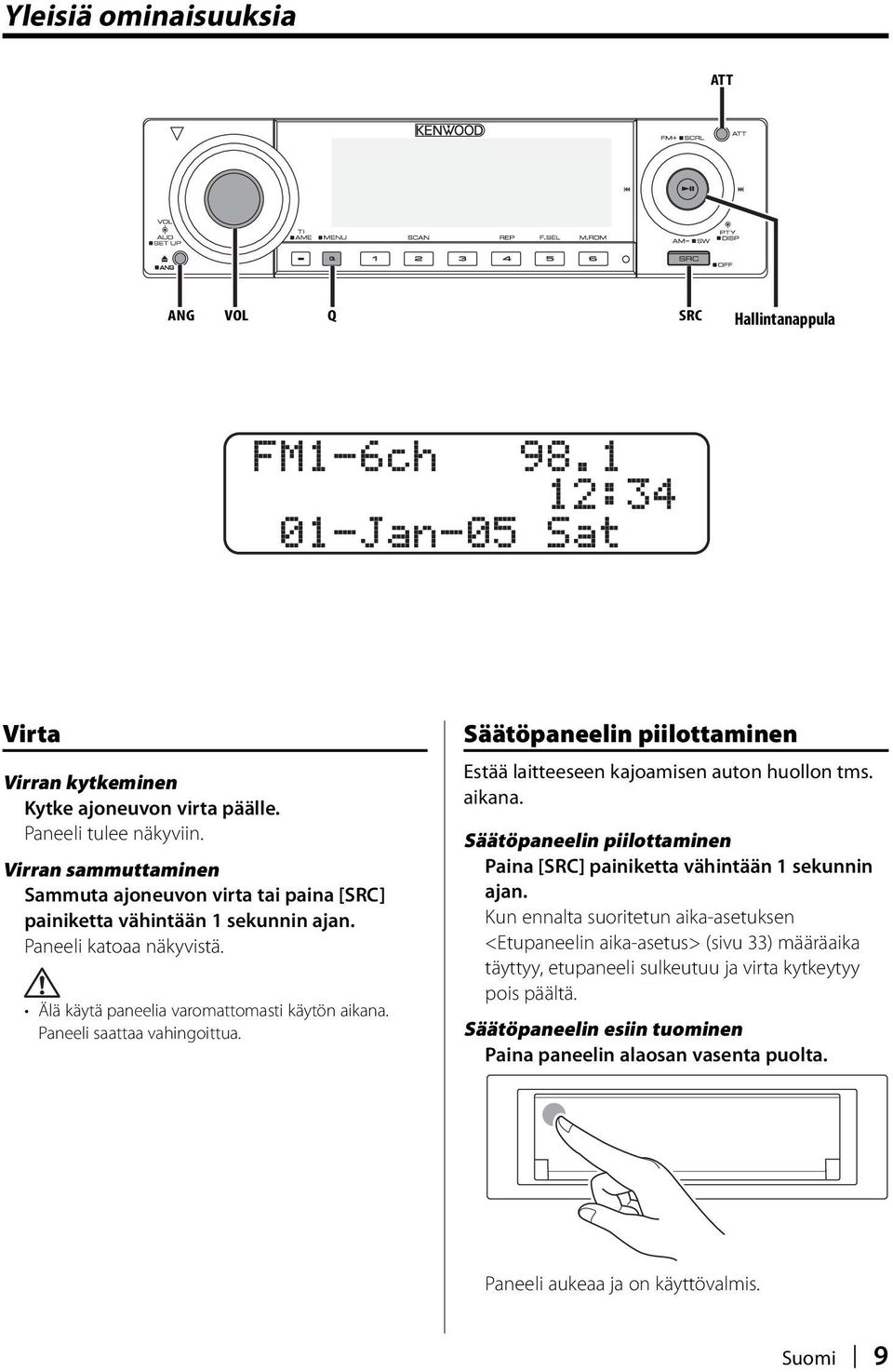 Paneeli saattaa vahingoittua. Säätöpaneelin piilottaminen Estää laitteeseen kajoamisen auton huollon tms. aikana.