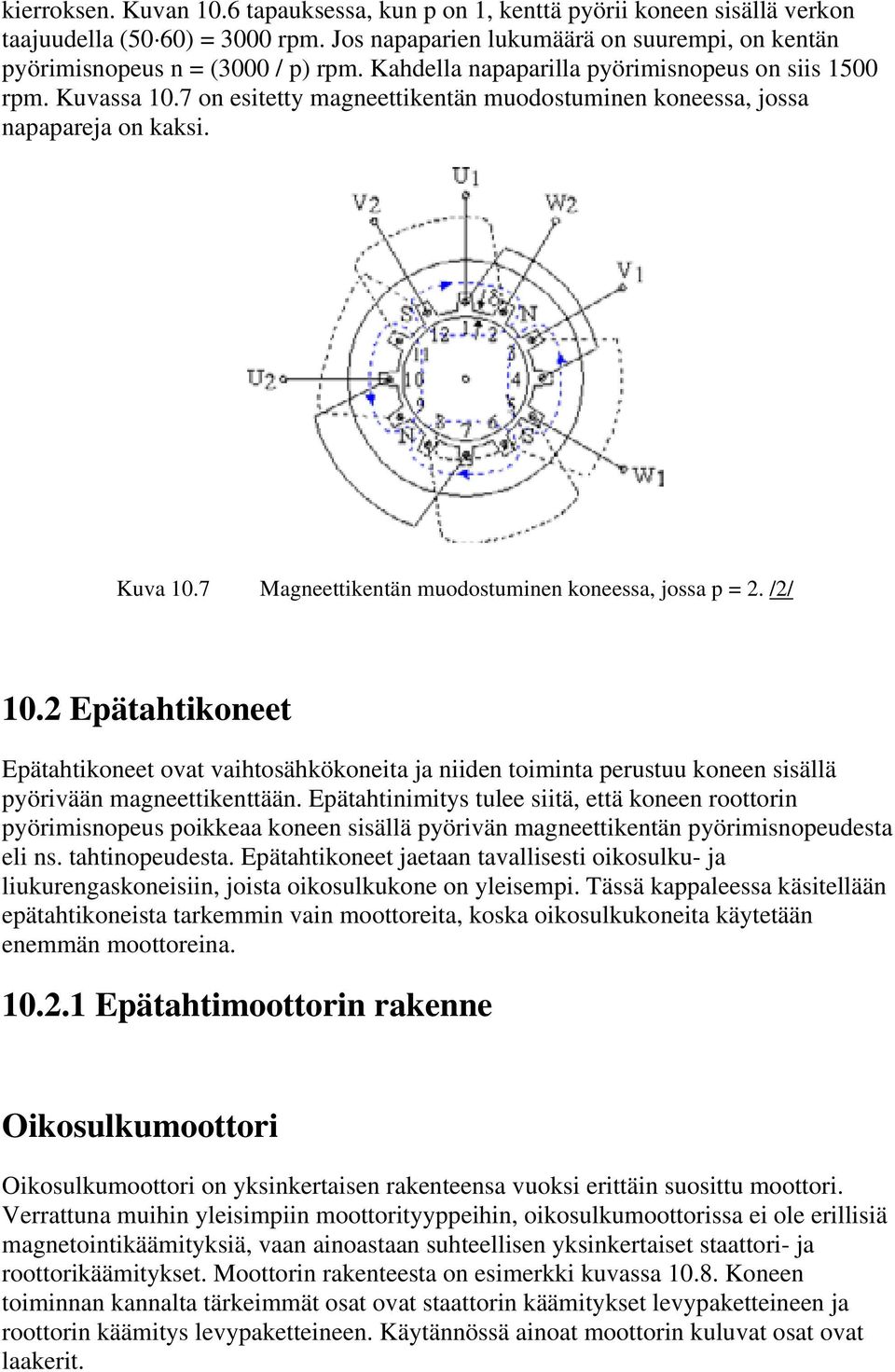 7 Magneettikentän muodostuminen koneessa, jossa p = 2. /2/ 10.2 Epätahtikoneet Epätahtikoneet ovat vaihtosähkökoneita ja niiden toiminta perustuu koneen sisällä pyörivään magneettikenttään.