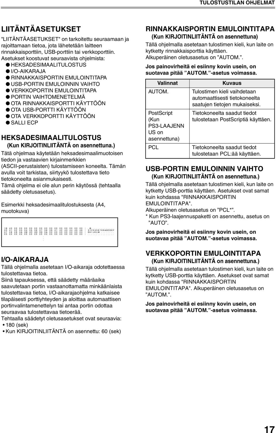 RINNAKKAISPORTTI KÄYTTÖÖN OTA USB-PORTTI KÄYTTÖÖN OTA VERKKOPORTTI KÄYTTÖÖN SALLI ECP HEKSADESIMAALITULOSTUS Tätä ohjelmaa käytetään heksadesimaalimuotoisen tiedon ja vastaavien kirjainmerkkien