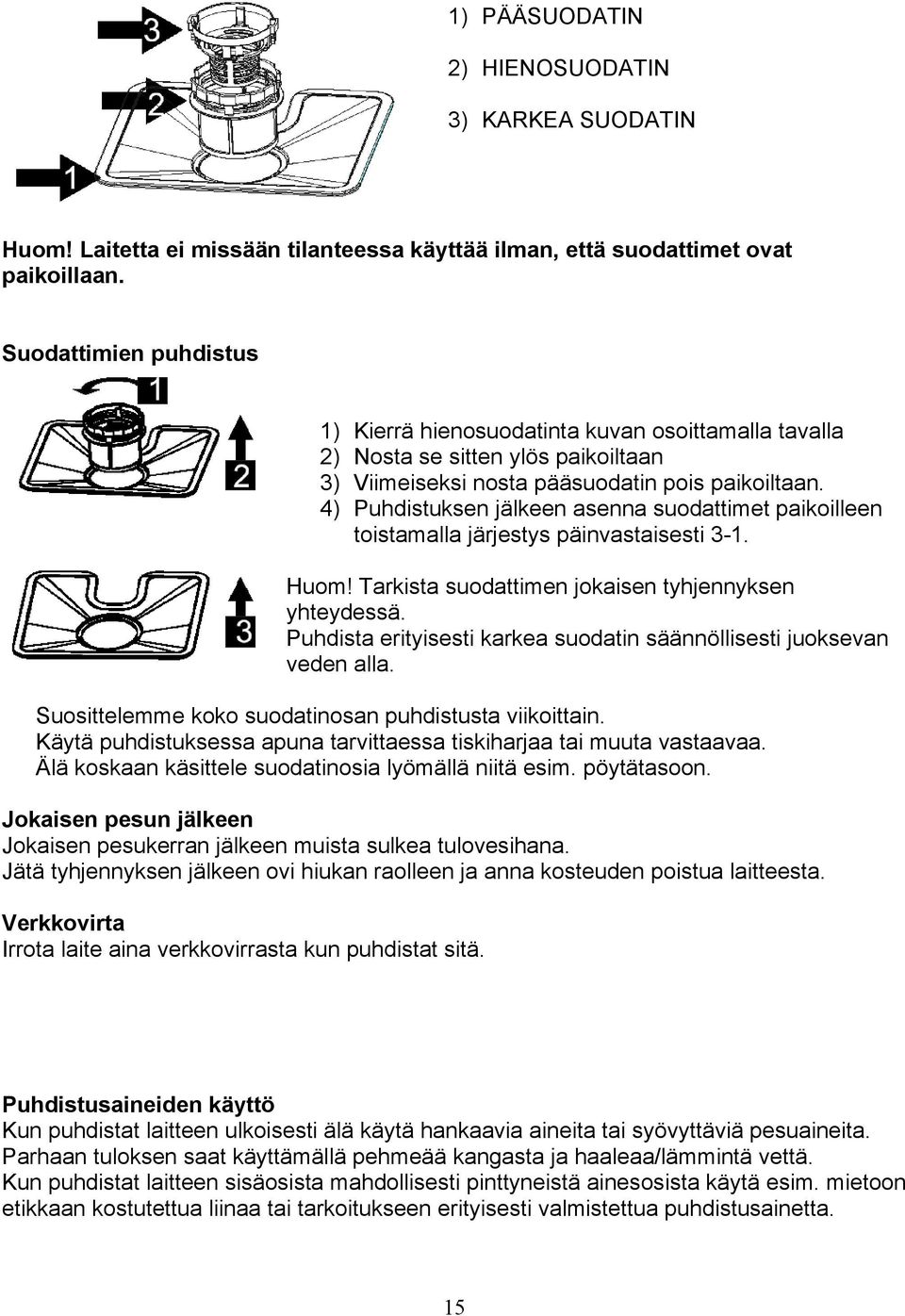 4) Puhdistuksen jälkeen asenna suodattimet paikoilleen toistamalla järjestys päinvastaisesti 3-1. Huom! Tarkista suodattimen jokaisen tyhjennyksen yhteydessä.