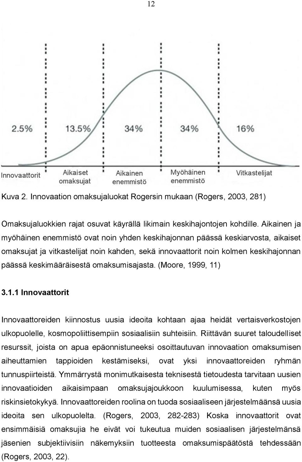 keskimääräisestä omaksumisajasta. (Moore, 1999, 11) 3.1.1 Innovaattorit Innovaattoreiden kiinnostus uusia ideoita kohtaan ajaa heidät vertaisverkostojen ulkopuolelle, kosmopoliittisempiin sosiaalisiin suhteisiin.