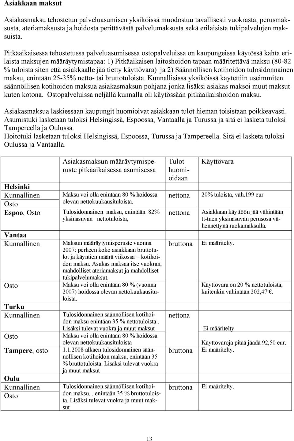 Pitkäaikaisessa tehostetussa palveluasumisessa ostopalveluissa on kaupungeissa käytössä kahta erilaista maksujen määräytymistapaa: 1) Pitkäaikaisen laitoshoidon tapaan määritettävä maksu (80-82 %