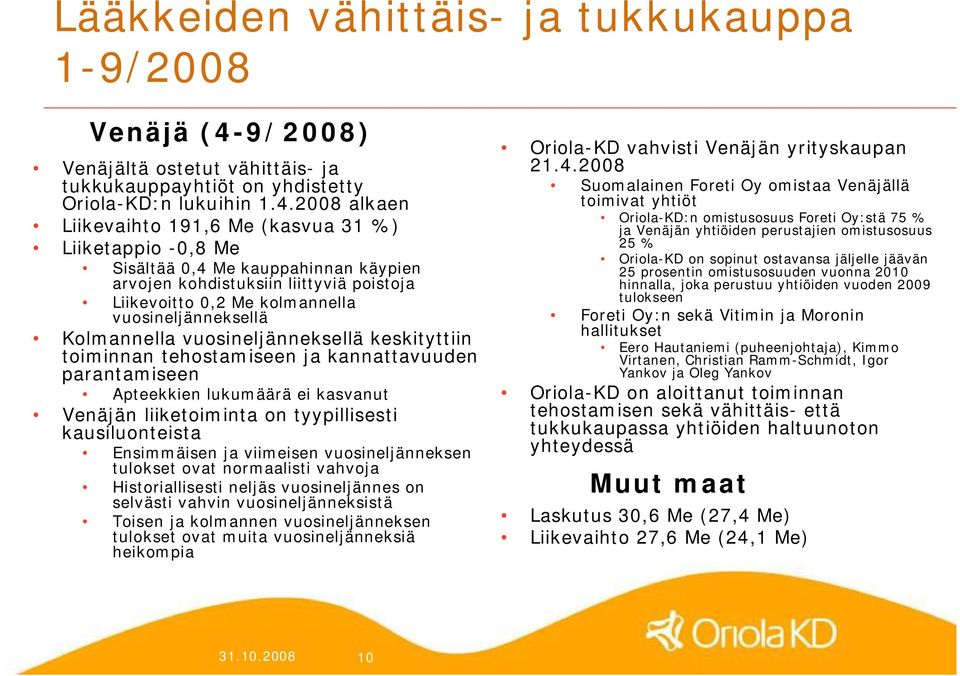 2008 alkaen Liikevaihto 191,6 Me (kasvua 31 %) Liiketappio 0,8 Me Sisältää 0,4 Me kauppahinnan käypien arvojen kohdistuksiin liittyviä poistoja Liikevoitto 0,2 Me kolmannella vuosineljänneksellä