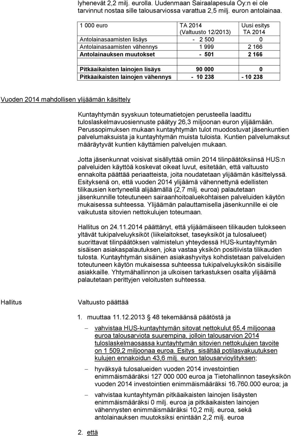 Pitkäaikaisten lainojen vähennys - 10 238-10 238 Vuoden 2014 mahdollisen ylijäämän käsittely Kuntayhtymän syyskuun toteumatietojen perusteella laadittu tuloslaskelmavuosiennuste päätyy 26,3 miljoonan