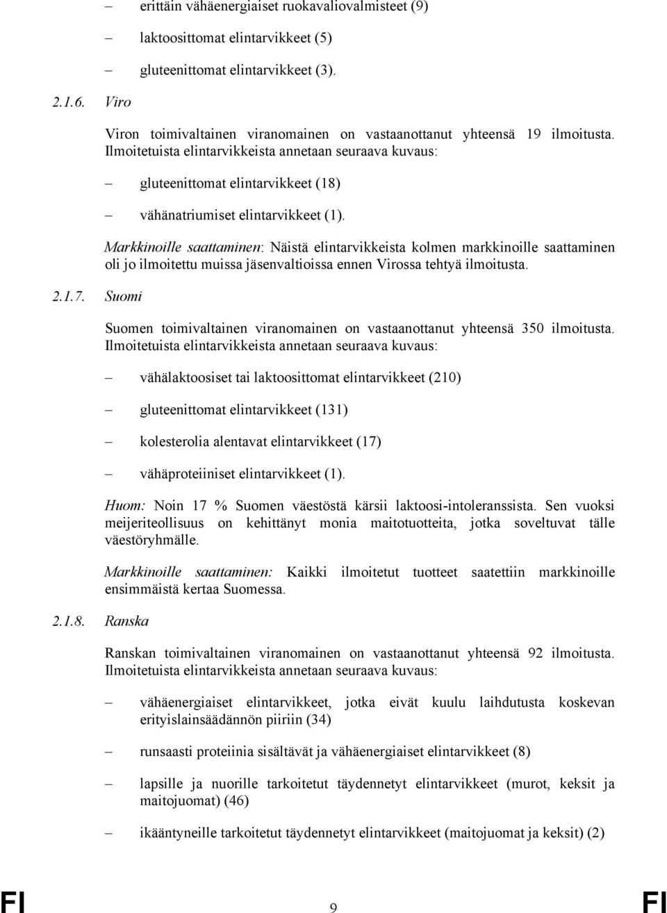 Ilmoitetuista elintarvikkeista annetaan seuraava kuvaus: gluteenittomat elintarvikkeet (18) vähänatriumiset elintarvikkeet (1).