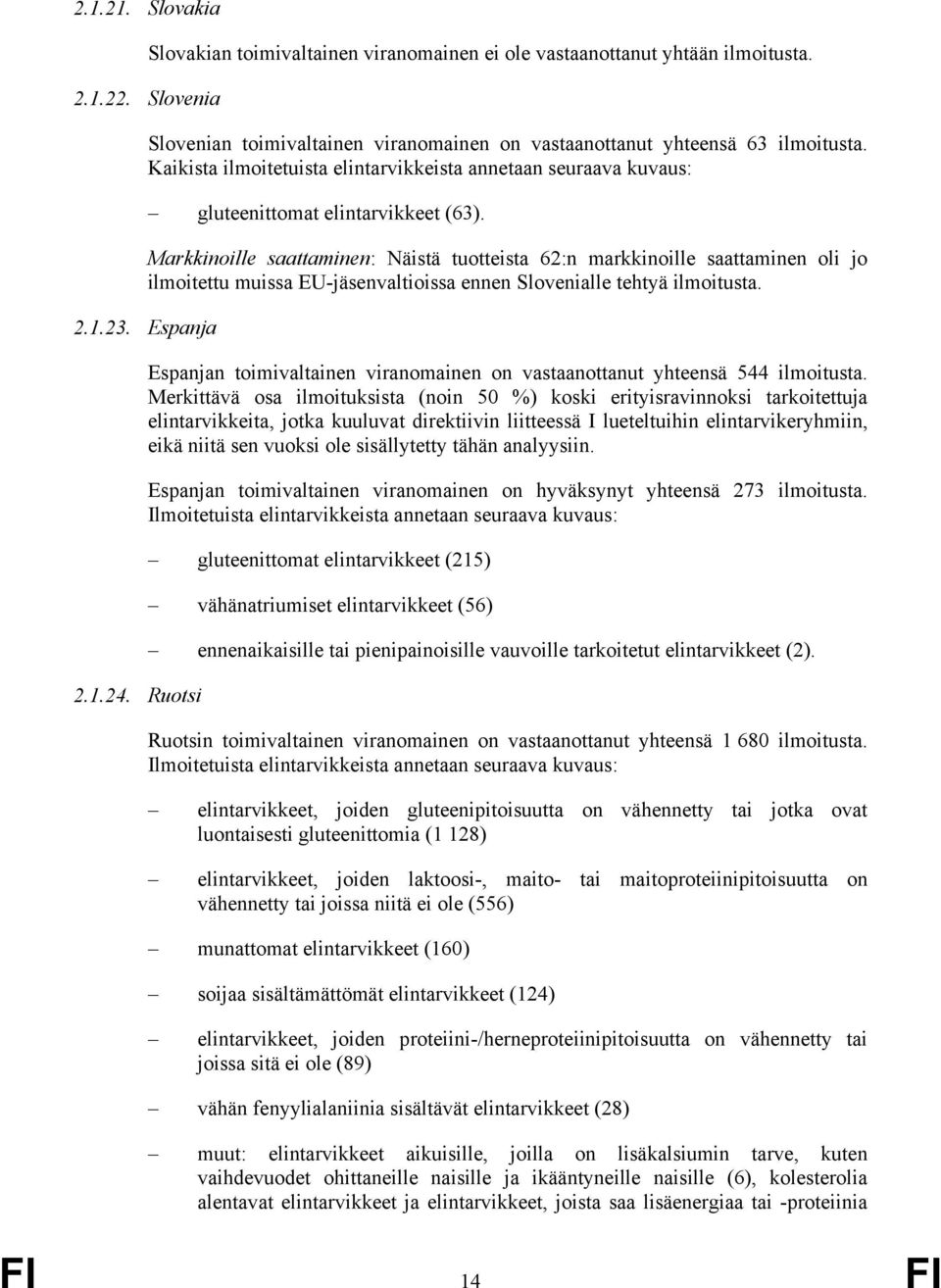 Markkinoille saattaminen: Näistä tuotteista 62:n markkinoille saattaminen oli jo ilmoitettu muissa EU-jäsenvaltioissa ennen Slovenialle tehtyä ilmoitusta. 2.1.23. Espanja 2.1.24.