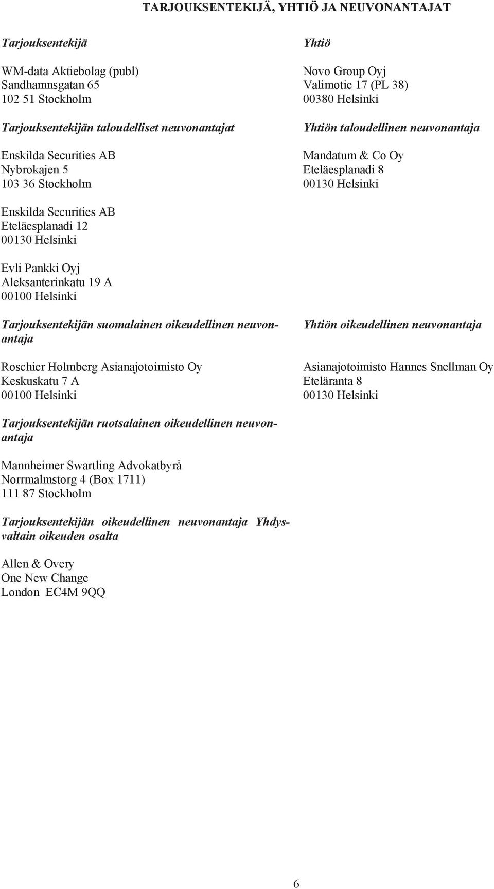 Eteläesplanadi 12 00130 Helsinki Evli Pankki Oyj Aleksanterinkatu 19 A 00100 Helsinki Tarjouksentekijän suomalainen oikeudellinen neuvonantaja Yhtiön oikeudellinen neuvonantaja Roschier Holmberg