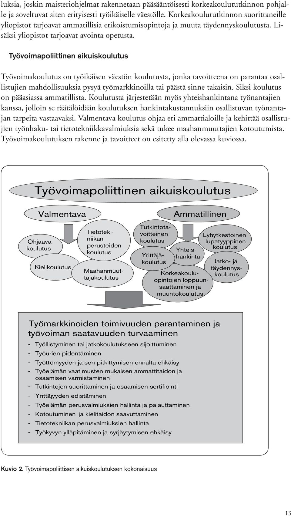 Työvoimapoliittinen aikuiskoulutus Työvoimakoulutus on työikäisen väestön koulutusta, jonka tavoitteena on parantaa osallistujien mahdollisuuksia pysyä työmarkkinoilla tai päästä sinne takaisin.