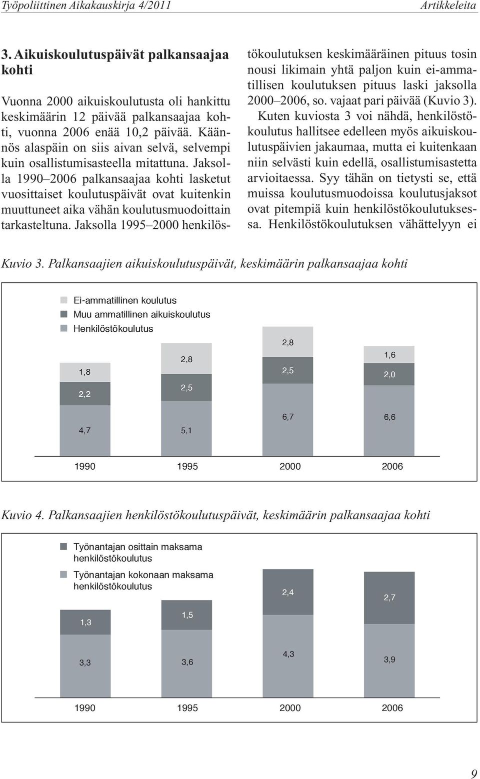 Jaksolla 1990 2006 palkansaajaa kohti lasketut vuosittaiset koulutuspäivät ovat kuitenkin muuttuneet aika vähän koulutusmuodoittain tarkasteltuna.