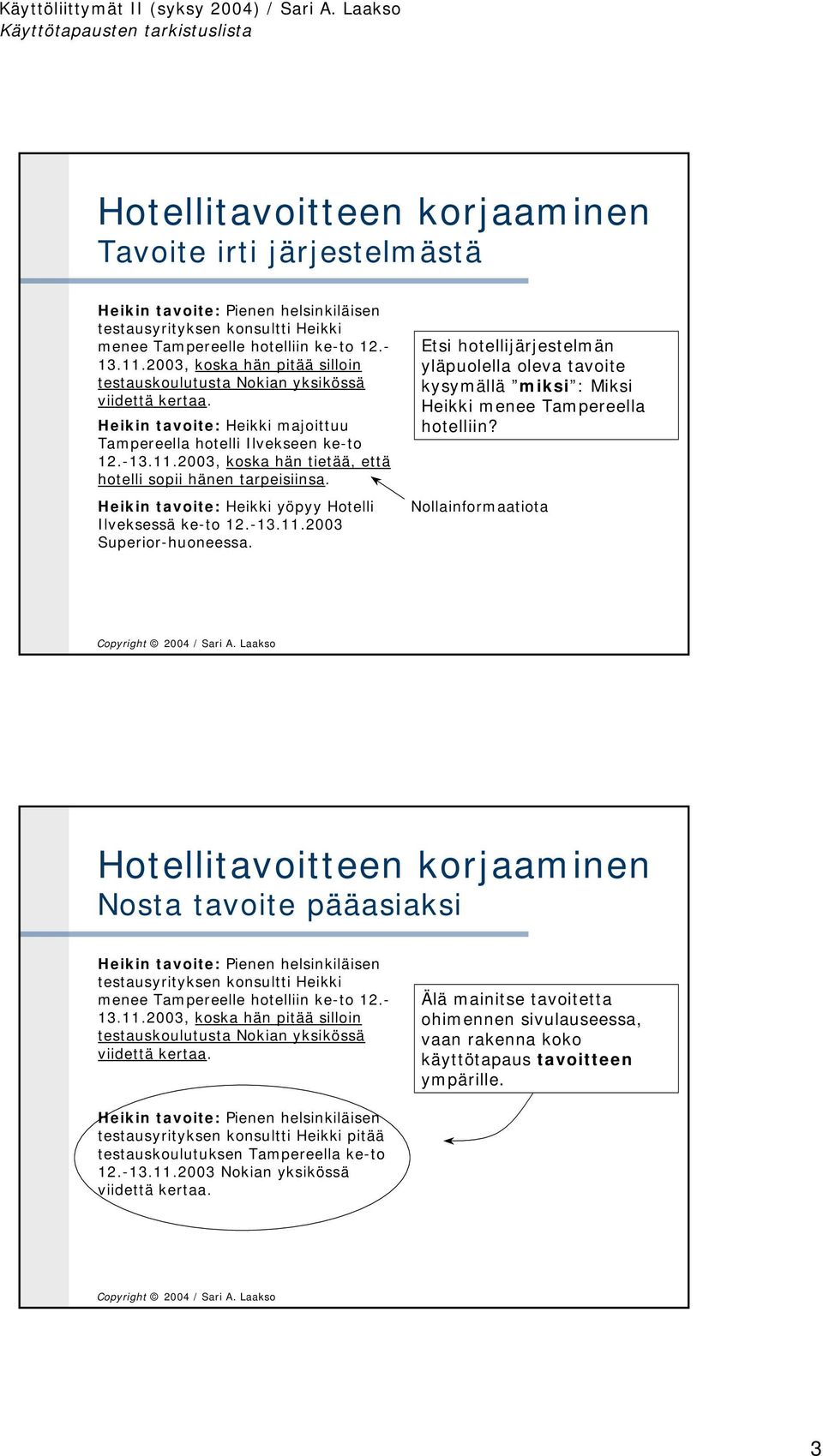 Etsi hotellijärjestelmän yläpuolella oleva tavoite kysymällä miksi : Miksi Heikki menee Tampereella hotelliin?