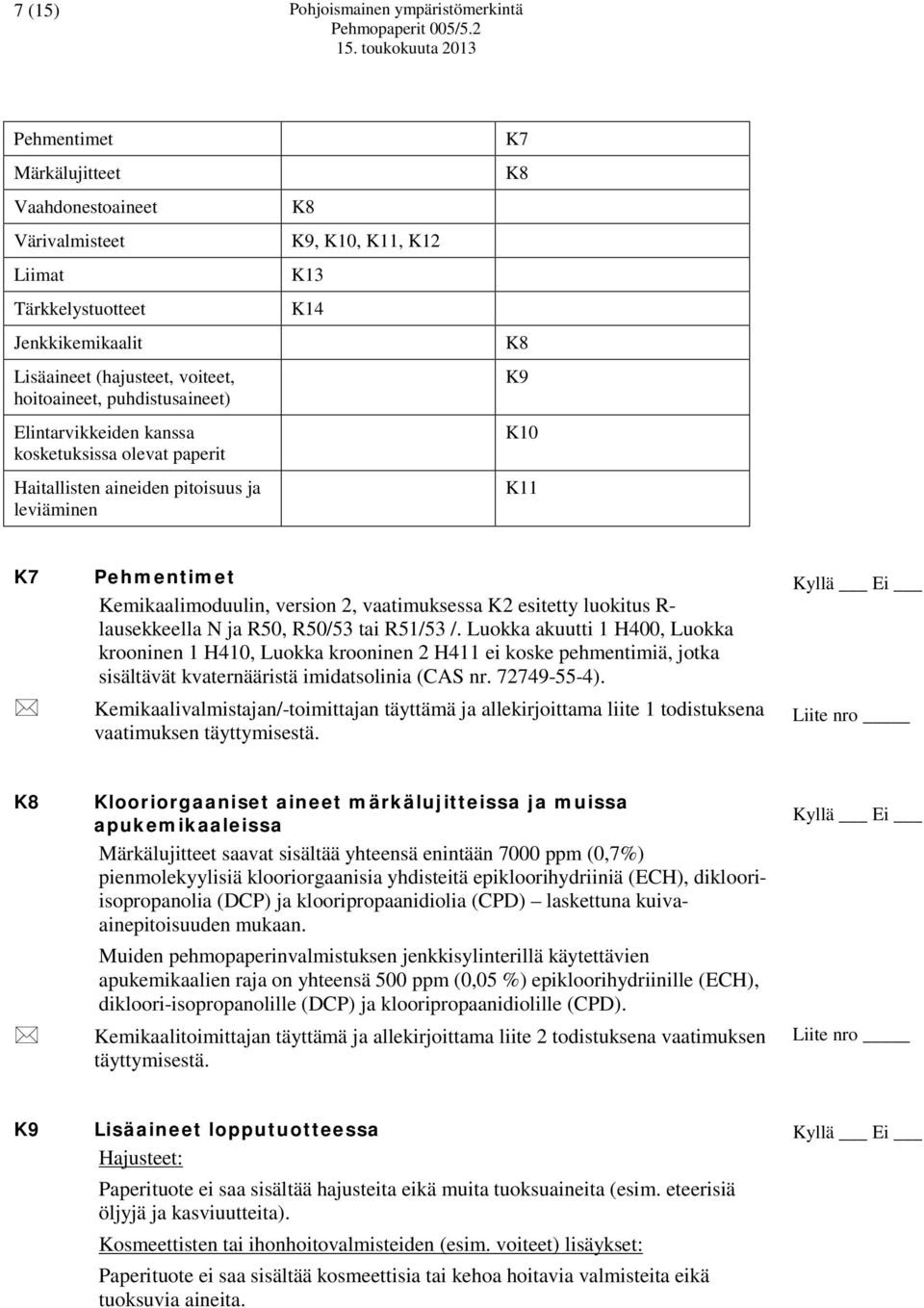 version 2, vaatimuksessa K2 esitetty luokitus R- lausekkeella N ja R50, R50/53 tai R51/53 /.