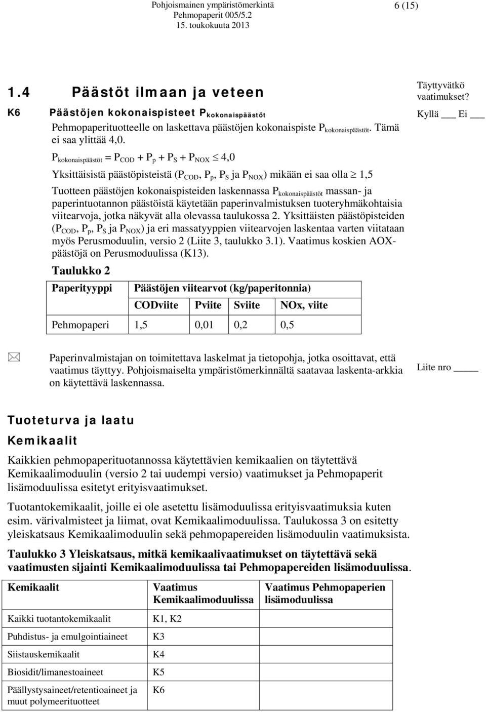 P kokonaispäästöt = P COD + P p + P S + P NOX 4,0 Yksittäisistä päästöpisteistä (P COD, P p, P S ja P NOX ) mikään ei saa olla 1,5 Tuotteen päästöjen kokonaispisteiden laskennassa P kokonaispäästöt