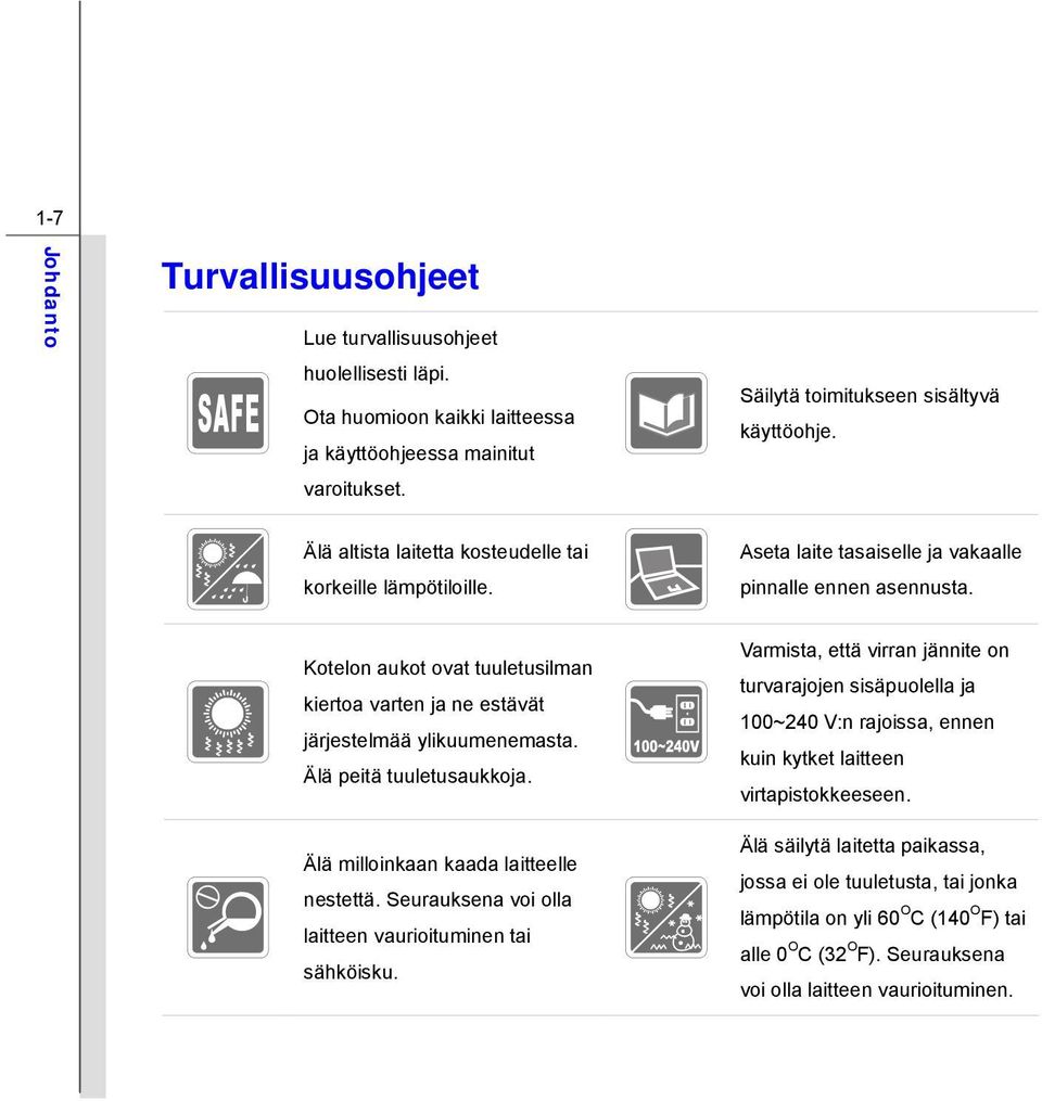 Kotelon aukot ovat tuuletusilman kiertoa varten ja ne estävät järjestelmää ylikuumenemasta. Älä peitä tuuletusaukkoja. Älä milloinkaan kaada laitteelle nestettä.