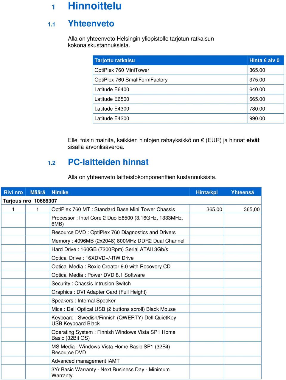00 Ellei toisin mainita, kaikkien hintojen rahayksikkö on (EUR) ja hinnat eivät sisällä arvonlisäveroa. 1.2 PC-laitteiden hinnat Alla on yhteenveto laitteistokomponenttien kustannuksista.