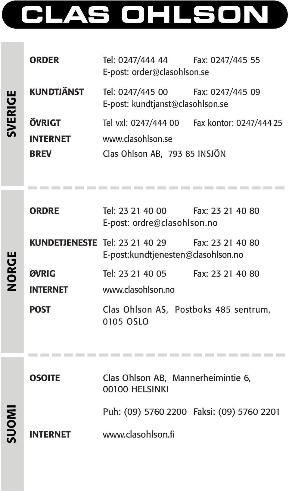 se Clas Ohlson AB, 793 85 INSJÖN ORDRE Tel: 23 21 40 00 Fax: 23 21 40 80 E-post: ordre@clasohlson.