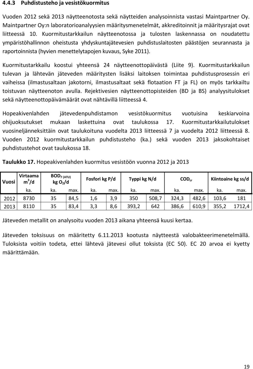 Kuormitustarkkailun näytteenotossa ja tulosten laskennassa on noudatettu ympäristöhallinnon oheistusta yhdyskuntajätevesien puhdistuslaitosten päästöjen seurannasta ja raportoinnista (hyvien