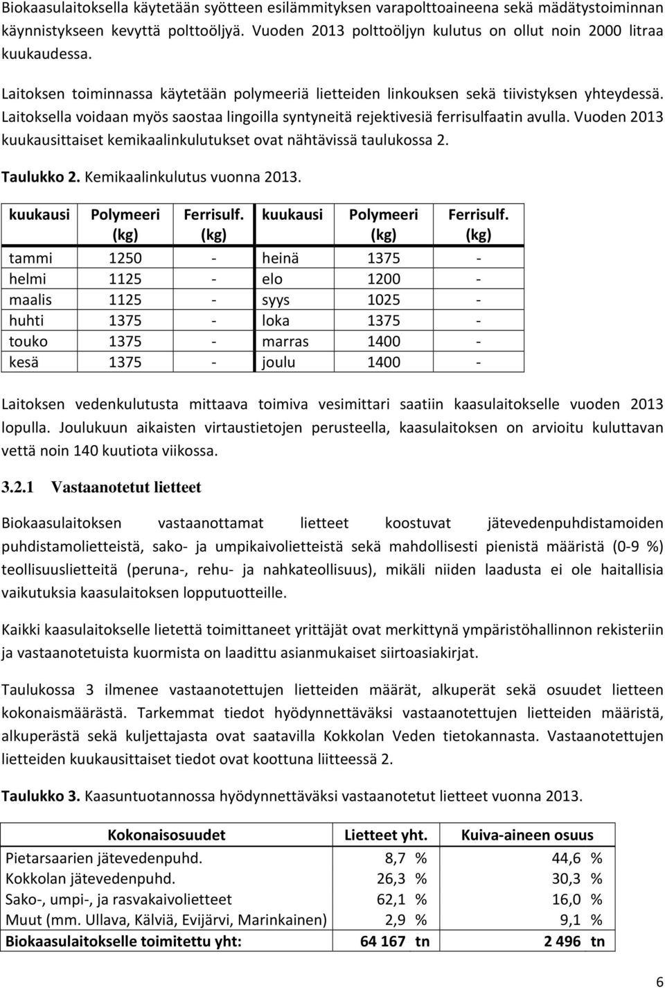 Vuoden kuukausittaiset kemikaalinkulutukset ovat nähtävissä taulukossa 2. Taulukko 2. Kemikaalinkulutus vuonna. kuukausi Polymeeri (kg) Ferrisulf. (kg) kuukausi Polymeeri (kg) Ferrisulf.