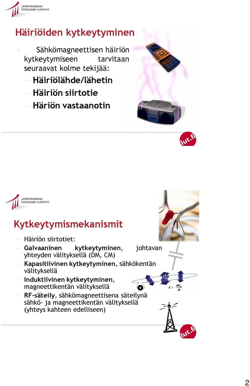 yhteyden välityksellä (DM, CM) Kapasitiivinen kytkeytyminen, sähkökentän välityksellä Induktiivinen kytkeytyminen,