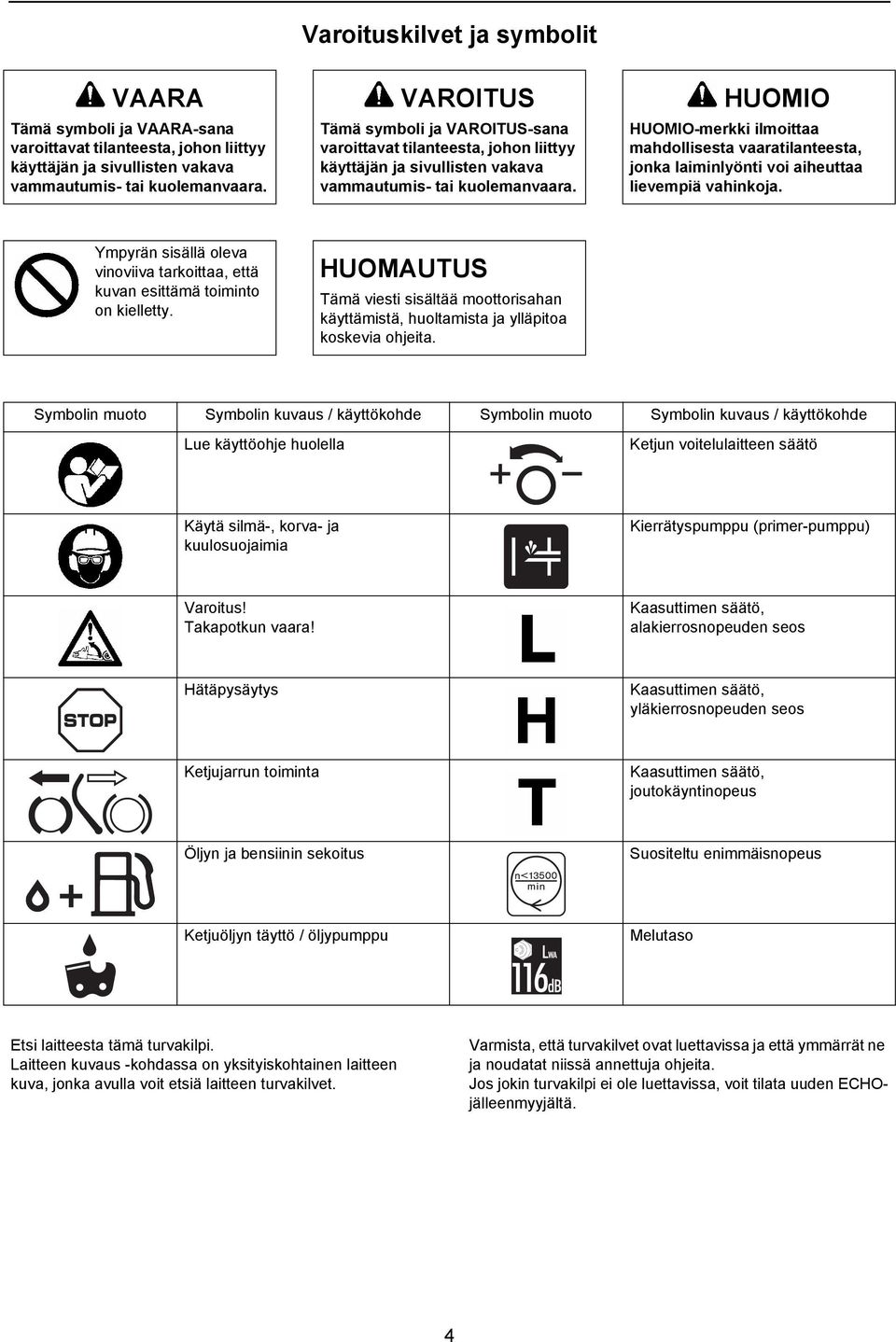 HUOMIO-merkki ilmoittaa mahdollisesta vaaratilanteesta, jonka laiminlyönti voi aiheuttaa lievempiä vahinkoja. Ympyrän sisällä oleva vinoviiva tarkoittaa, että kuvan esittämä toiminto on kielletty.